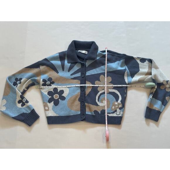 Hollister Cotton Blend Blue Cropped Cardigan, Mushrooms, Flowers, Size S - Picture 11 of 14